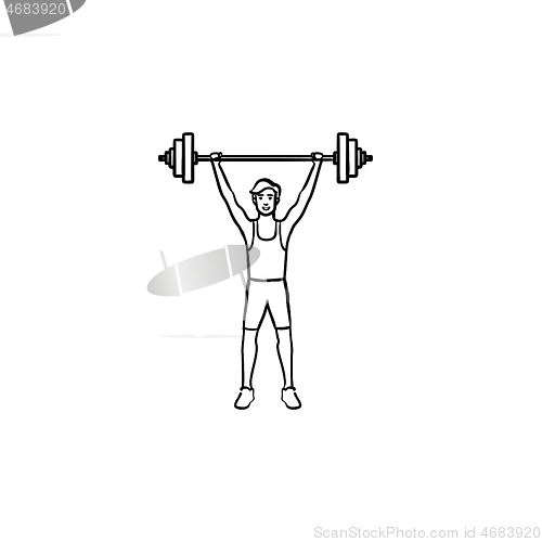 Image of Sportsman with heavyweight barbell hand drawn outline doodle icon.