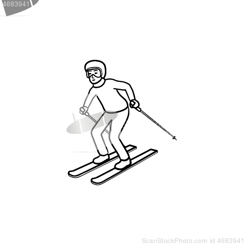 Image of Skier skiing downhill hand drawn outline doodle icon.