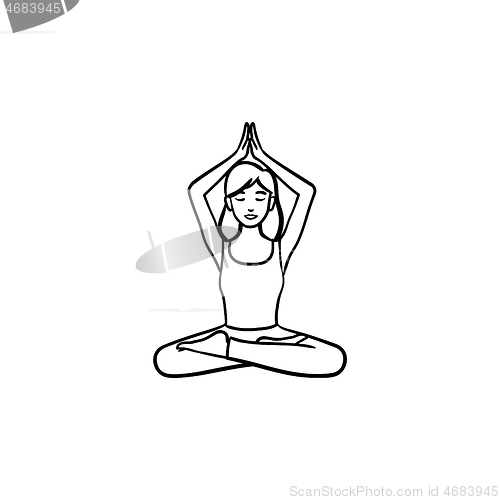Image of Girl in lotus pose with her hands up hand drawn outline doodle icon.