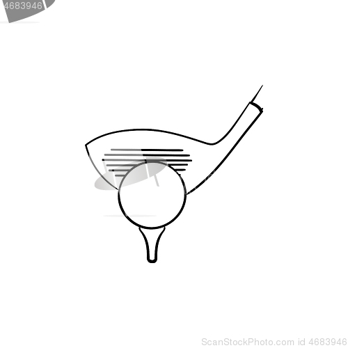 Image of Golf club and ball on tee hand drawn outline doodle icon.