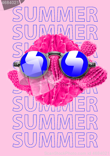 Image of Lets go to the beach party. Sunglasses and a cactuses are stacked as a happy human face. Summer vacantion concept. Modern design. Contemporary art collage.