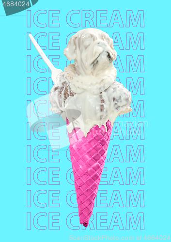 Image of Unusual ice cream. Tasty desert in a form of dog head. Summer concept. Modern design. Contemporary art collage.