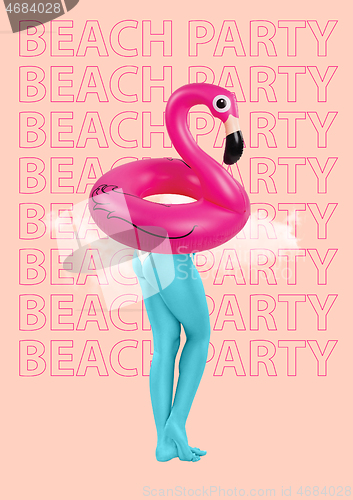 Image of Lets go to the beach party. Woman legs and swimming circle in the form of flaminco as a body. Summer vacantion concept. Modern design. Contemporary art collage.