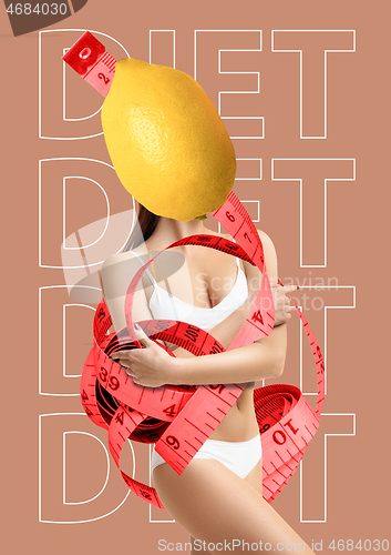 Image of Diet concept. Girl with lemon instead of head. Modern design. Contemporary art collage.