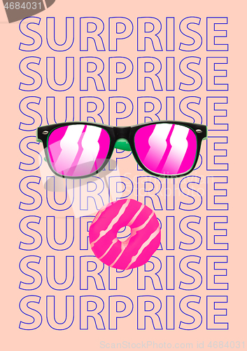 Image of Wow. Sunglasses and a donut are stacked as a surprised human face. Facial emotions concept. Modern design. Contemporary art collage.