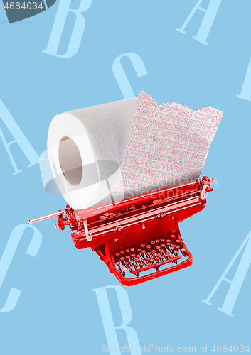 Image of A copywriting concept. Red typewriter with toilet roll instead of paper. Modern design. Contemporary art collage.