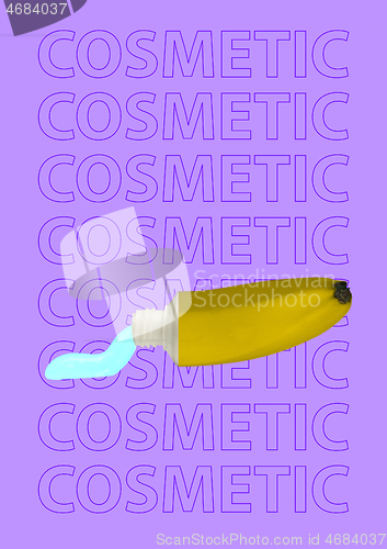 Image of Natural beauty body care concept. Cosmetic gel or balm flowing from a tube in the form of a banana. Modern design. Contemporary art collage.