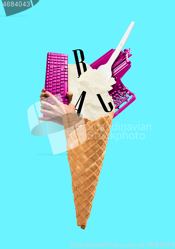 Image of A copywriting concept. Ice cream cone filled with letters, typewriter and hand holding keyboard. Modern design. Contemporary art collage.