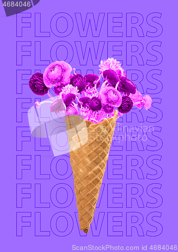 Image of Ice cream cone filled with flowers, Unusual bouquet or gift concept. Modern design. Contemporary art collage.