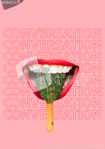 Image of Woman lips taste cactus ice cream as specific candy. Spicy convrsation concept with text on background. Contemporary modern art collage.