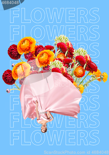 Image of Elegant woman as wrap filled with flowers, Unusual bouquet or gift concept. Modern design. Contemporary art collage.