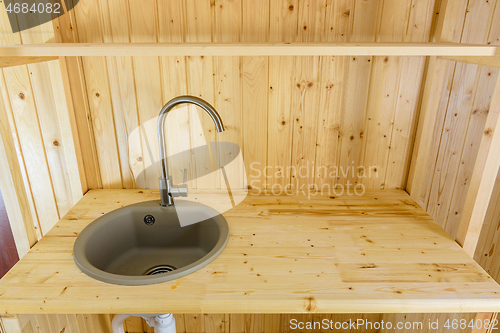 Image of Kitchen working area made of natural wood close up