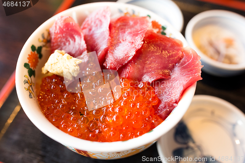 Image of Sashimi raw fish seafood rice bowl