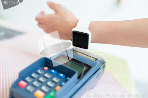 Image of Online banking against woman using smart watch to express pay