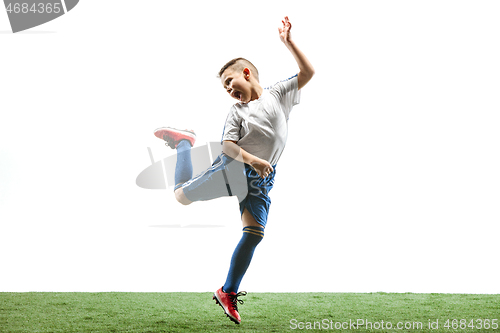 Image of Professional football soccer player with ball isolated on white background