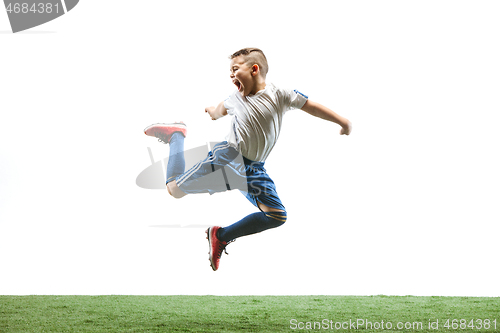 Image of Young boy isolated on white. football player