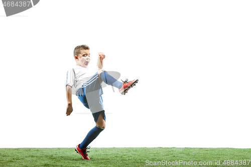 Image of Young boy isolated on white. football player