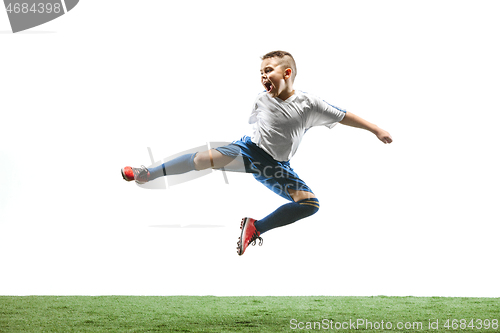 Image of Young boy isolated on white. football player