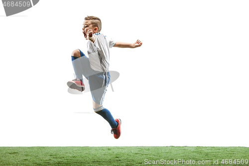 Image of Young boy isolated on white. football player