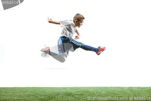 Image of Professional football soccer player with ball isolated on white background