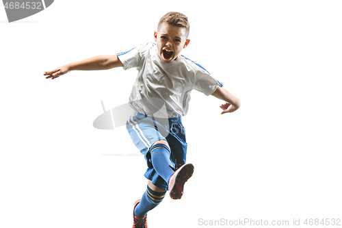 Image of Professional football soccer player with ball isolated on white background