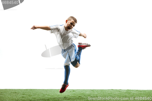 Image of Professional football soccer player with ball isolated on white background