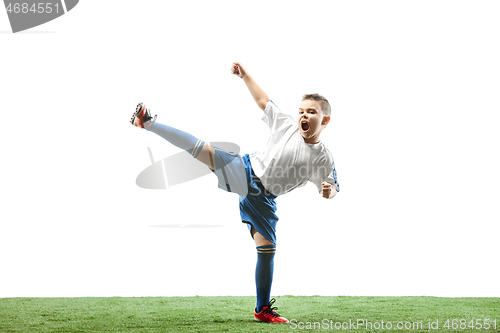 Image of Young boy isolated on white. football player