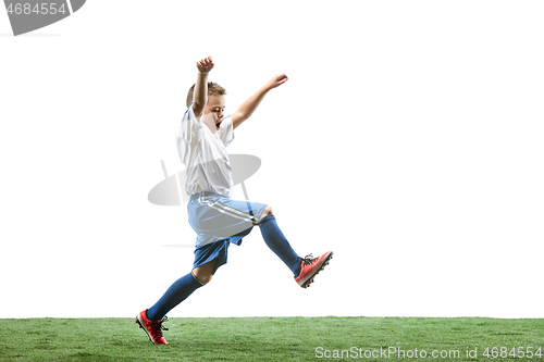 Image of Young boy isolated on white. football player