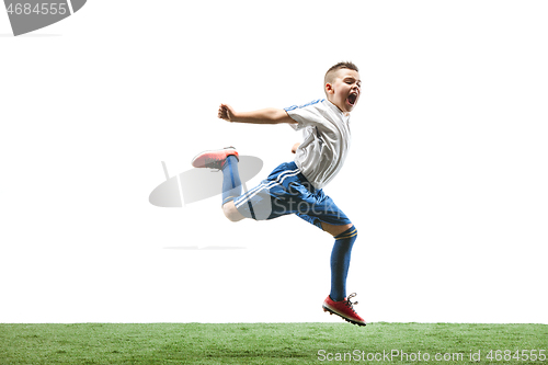 Image of Young boy isolated on white. football player