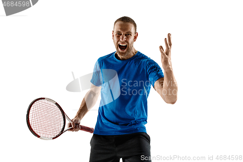 Image of Portrait of a handsome male tennis player celebrating his success isolated on a white background