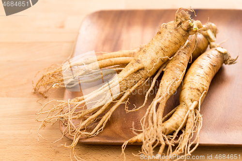 Image of Fresh Ginseng on wooden plate