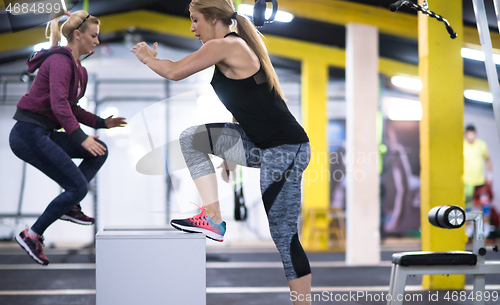 Image of athletes working out  jumping on fit box