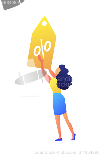 Image of Female shopper holding big yellow percent tag vector illustration.