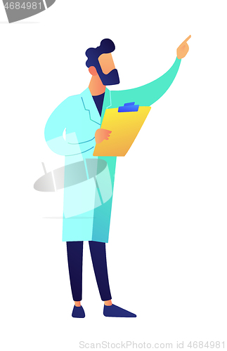 Image of Scientist with clipboard showing with finger vector illustration.