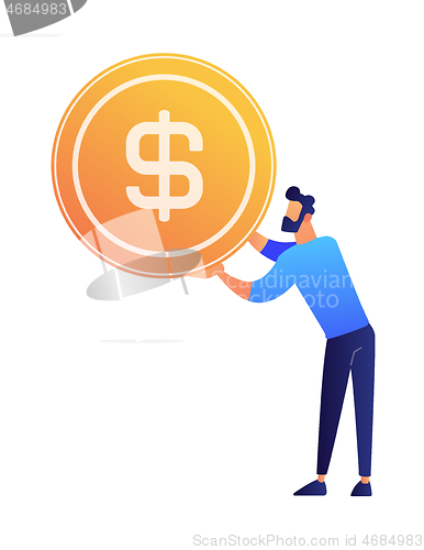 Image of Businessman holding a huge dollar coin vector illustration.