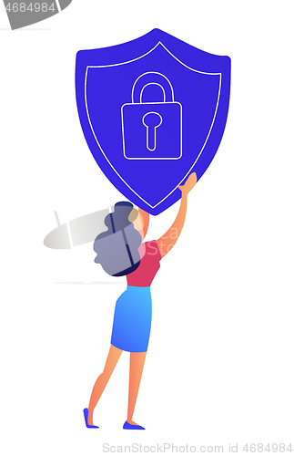 Image of Female IT specialist holds protection shield with lock vector illustration.