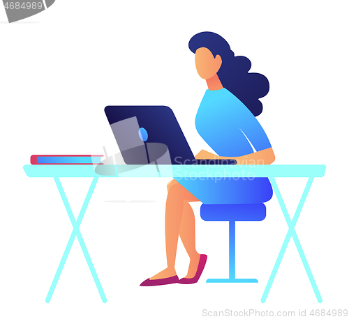 Image of Business woman with dark hair working on laptop vector illustration.