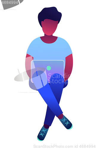Image of African american freelancer sitting with crossed legs and looking at laptop vector illustration.