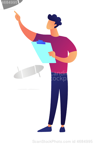 Image of Businessman pointing with finger and holding clipboard vector illustration.