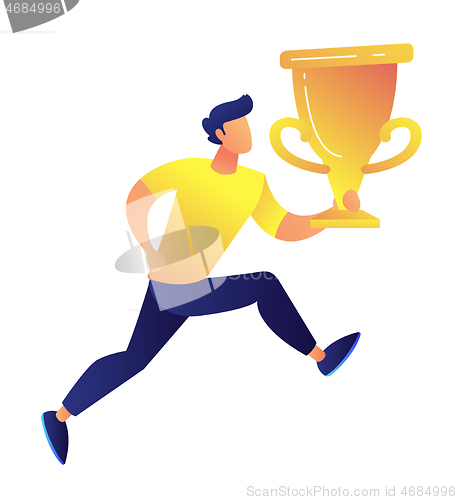 Image of Sportsman holding big gold trophy cup award vector illustration.