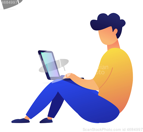 Image of Freelancer sitting on the floor looking at laptop vector illustration.