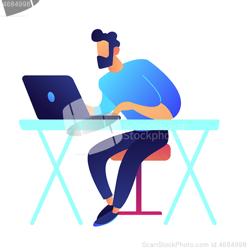 Image of Gamer with laptop sitting at desk vector illustration.