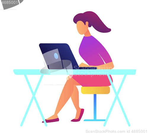 Image of Female IT specialist with ponytail working on laptop vector illustration.