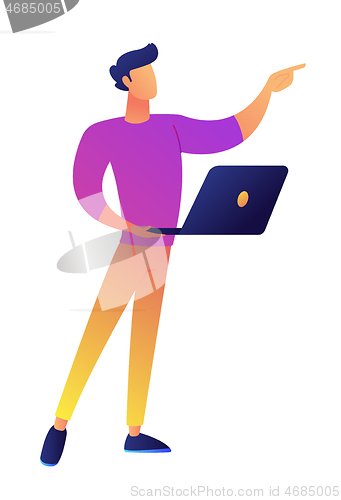 Image of Manager standing with laptop and pointing with finger vector illustration.