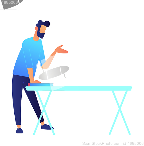 Image of Manager standing at table and speaking hand vector illustration.