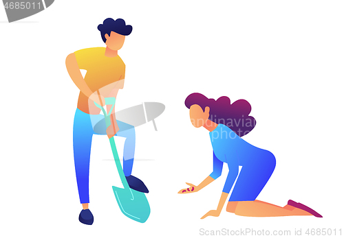 Image of Woman with seeds and men digging with shovel vector illustration.