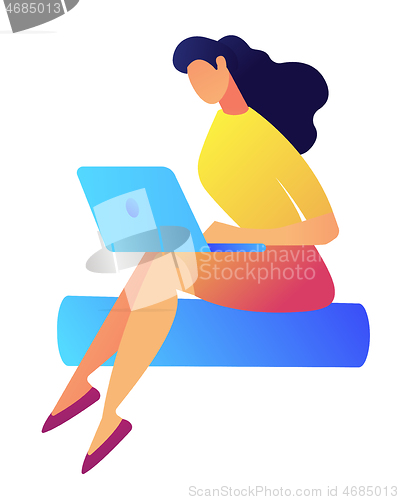 Image of Pretty female designer with dark hair working on laptop vector illustration.