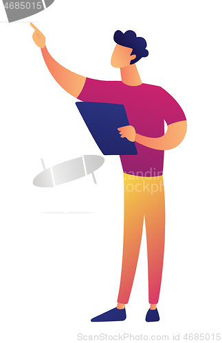 Image of Young teacher with papers in hand pointing at something vector illustration.