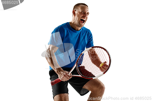 Image of Portrait of a handsome male tennis player celebrating his success isolated on a white background