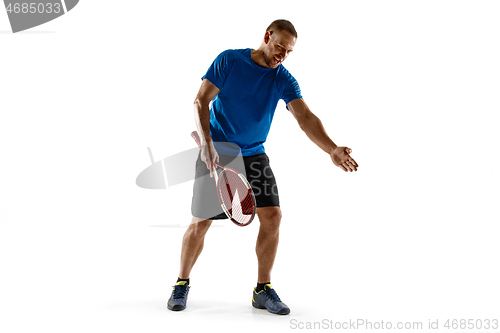 Image of Stressed tennis player arguing with chair empire at court.